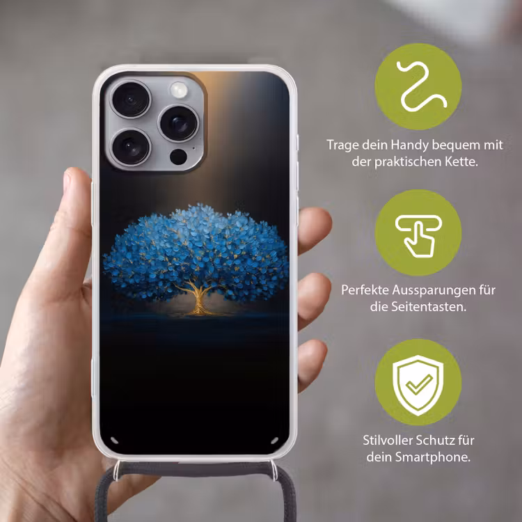 Boom - Blauw - Bladeren - Penseelstreken Hoesje iPhone 16 Pro Max met koord klein -sfeer2_DE