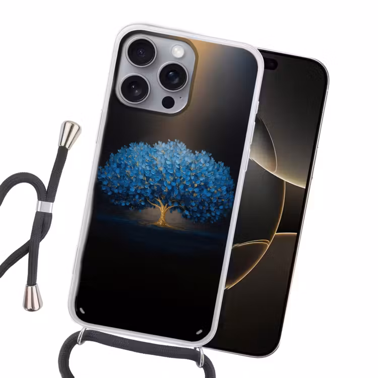 Boom - Blauw - Bladeren - Penseelstreken Hoesje iPhone 16 Pro Max met koord klein -sfeer1