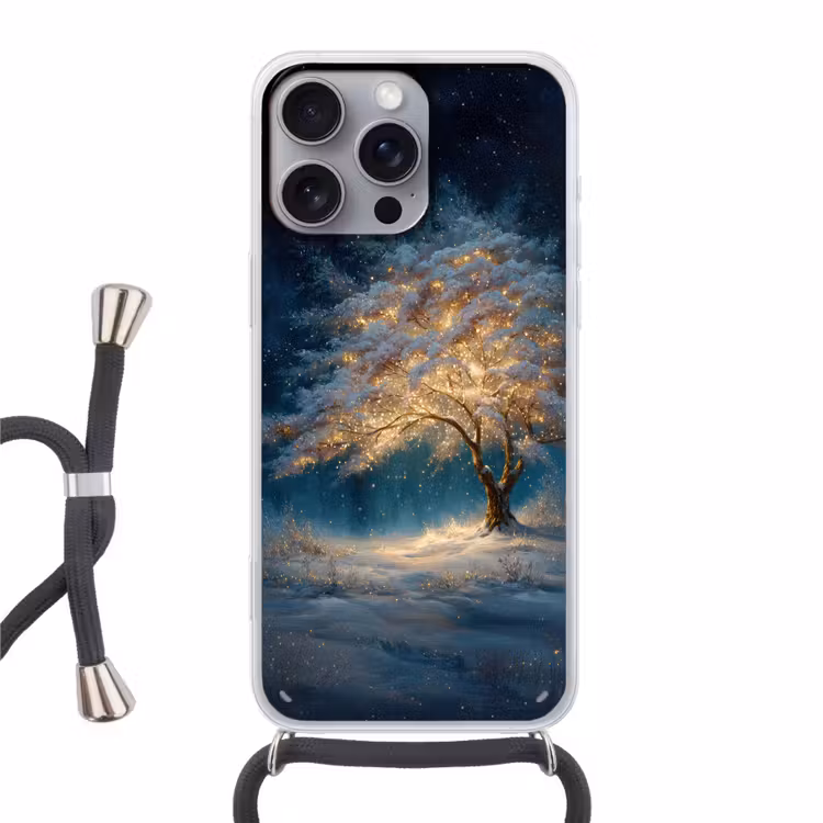 Levensboom - Nacht - Donker - Blauw Hoesje iPhone 16 Pro Max met koord klein -3d