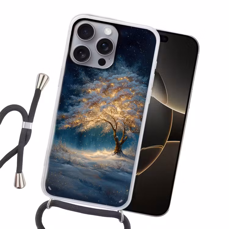 Levensboom - Nacht - Donker - Blauw Hoesje iPhone 16 Pro Max met koord klein -sfeer1