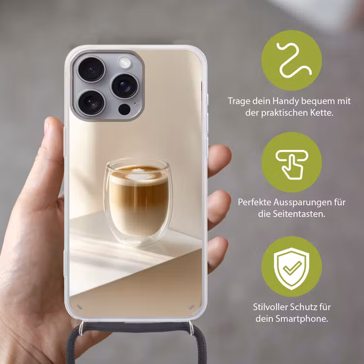 Mok - Latte - Minimalistisch - Schaduw Hoesje iPhone 16 Pro Max met koord klein -sfeer2_DE