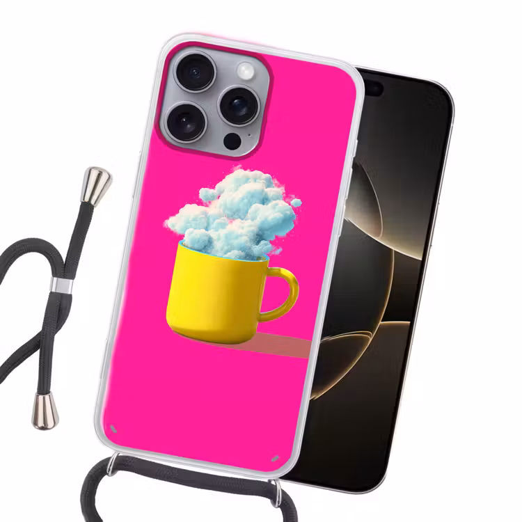Mok - Wolken - Roze - Minimalitisch Hoesje iPhone 16 Pro Max met koord klein -sfeer1