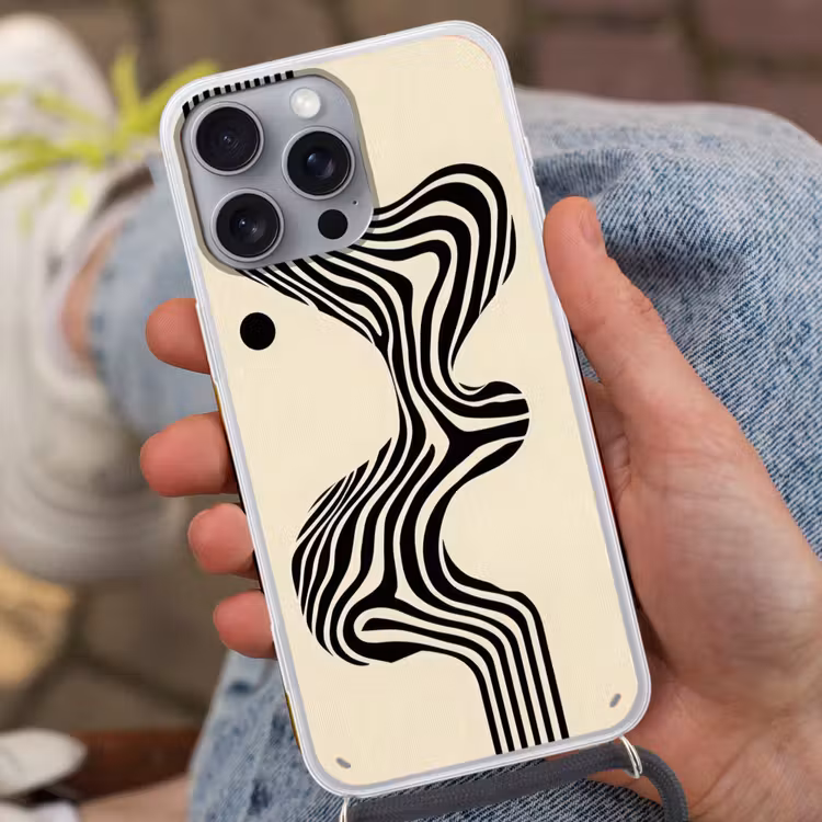 Beige - Lijnen - Golvend - Abstract Hoesje iPhone 16 Pro Max met koord klein -sfeer3