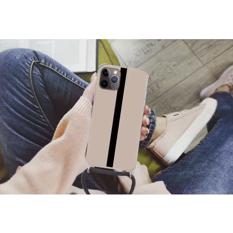 Beige - Zwart - Streep - Minimalistisch Hoesje iPhone 12 Pro met koord klein -hand