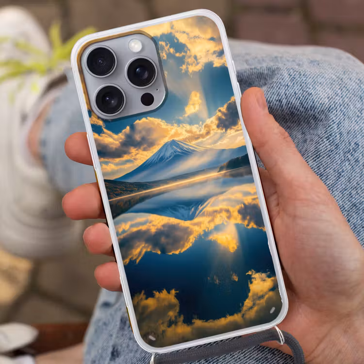Berg - Rivier - Zonsondergang Hoesje iPhone 16 Pro Max met koord klein -sfeer3