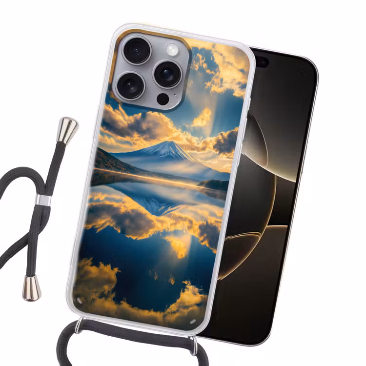 Berg - Rivier - Zonsondergang Hoesje iPhone 16 Pro Max met koord klein -sfeer1