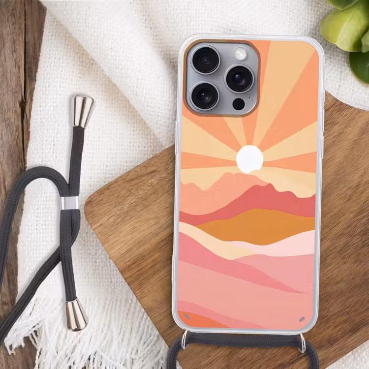 Bergen - Abstract - Zonnestralen - Roze Hoesje iPhone 16 Pro Max met koord klein -sfeer4