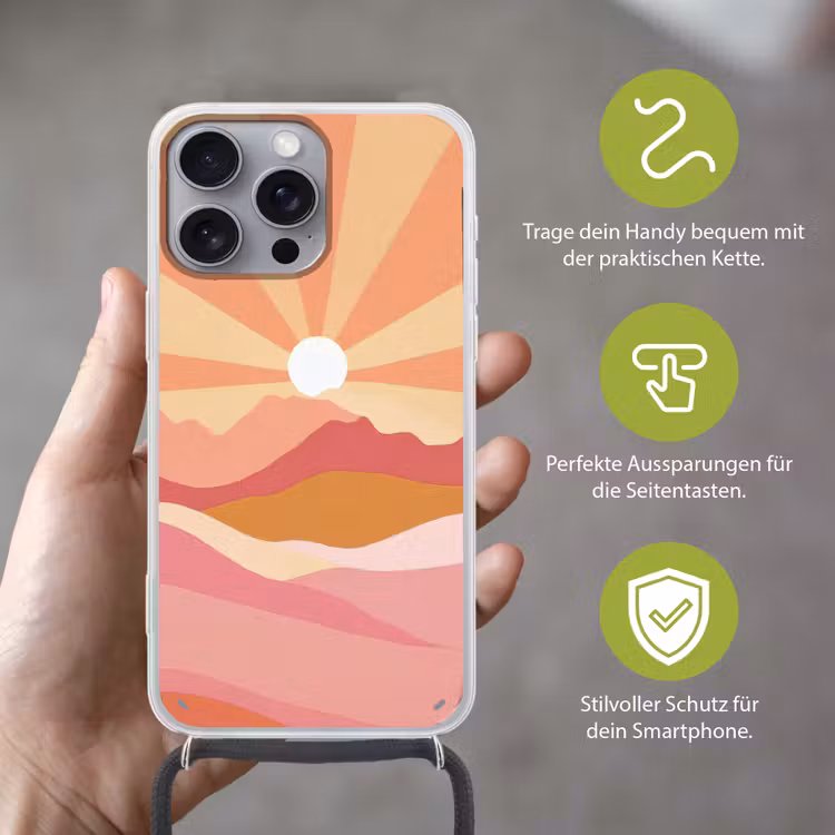 Bergen - Abstract - Zonnestralen - Roze Hoesje iPhone 16 Pro Max met koord klein -sfeer2_DE