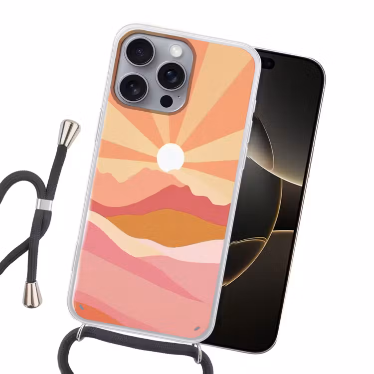 Bergen - Abstract - Zonnestralen - Roze Hoesje iPhone 16 Pro Max met koord klein -sfeer1