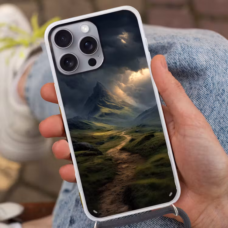 Bergen - Kronkelpad - Groen - Wolken Hoesje iPhone 16 Pro Max met koord klein -sfeer3