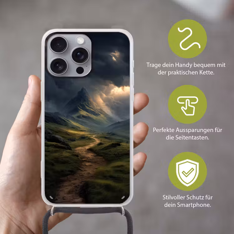 Bergen - Kronkelpad - Groen - Wolken Hoesje iPhone 16 Pro Max met koord klein -sfeer2_DE
