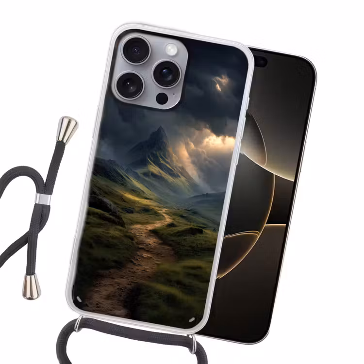 Bergen - Kronkelpad - Groen - Wolken Hoesje iPhone 16 Pro Max met koord klein -sfeer1