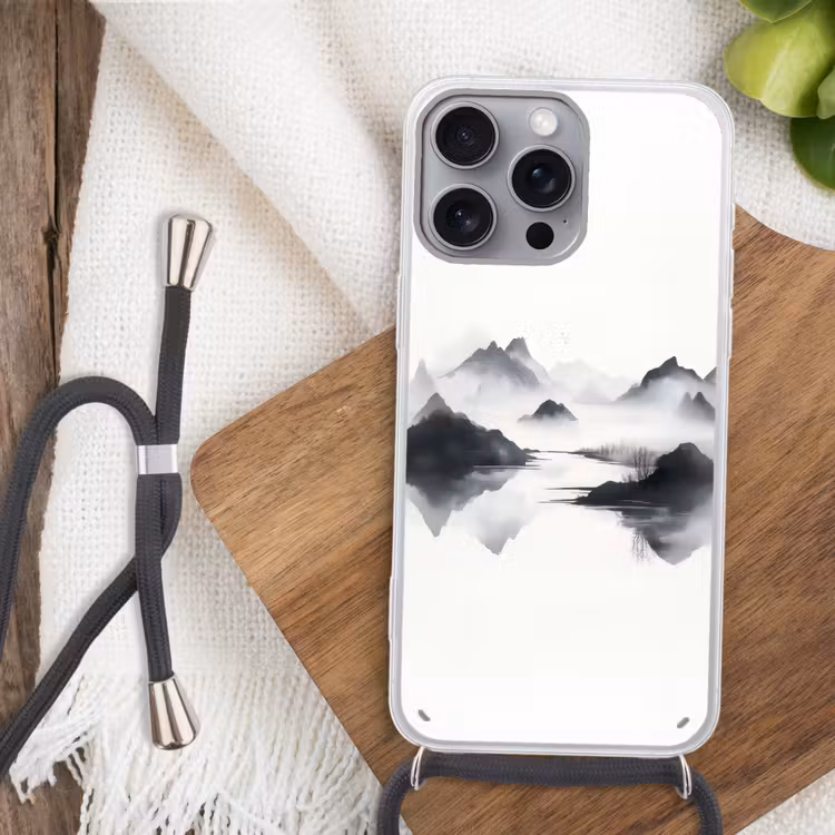 Bergen - Mistig - Water - Wit Hoesje iPhone 16 Pro Max met koord klein -sfeer4