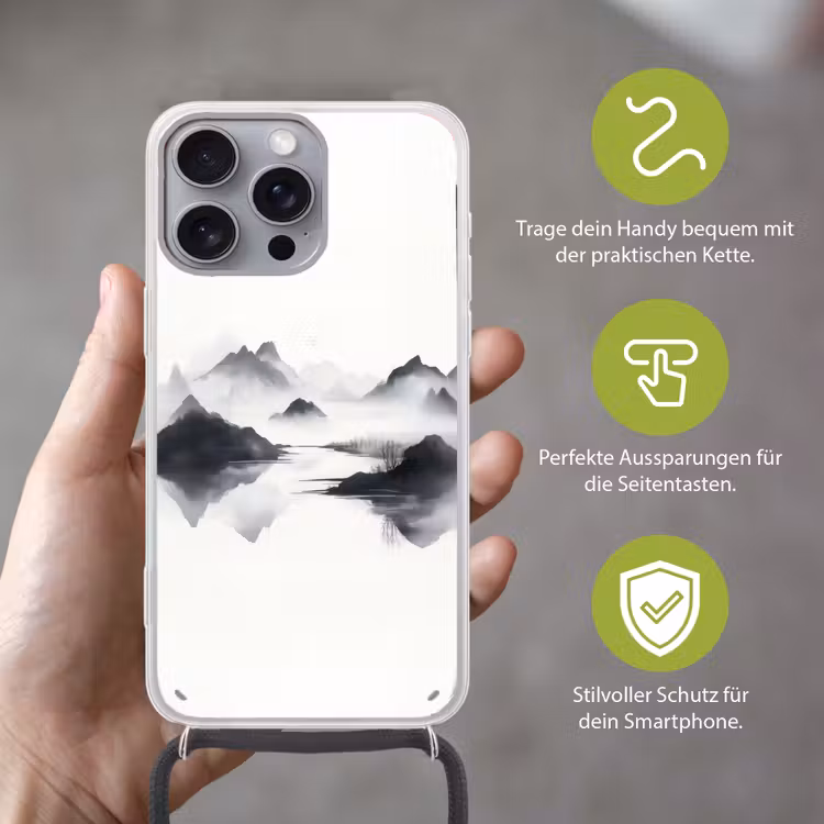 Bergen - Mistig - Water - Wit Hoesje iPhone 16 Pro Max met koord klein -sfeer2_DE