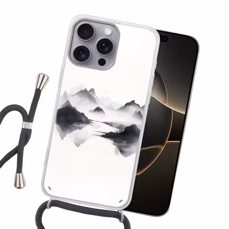 Bergen - Mistig - Water - Wit Hoesje iPhone 16 Pro Max met koord klein -sfeer1