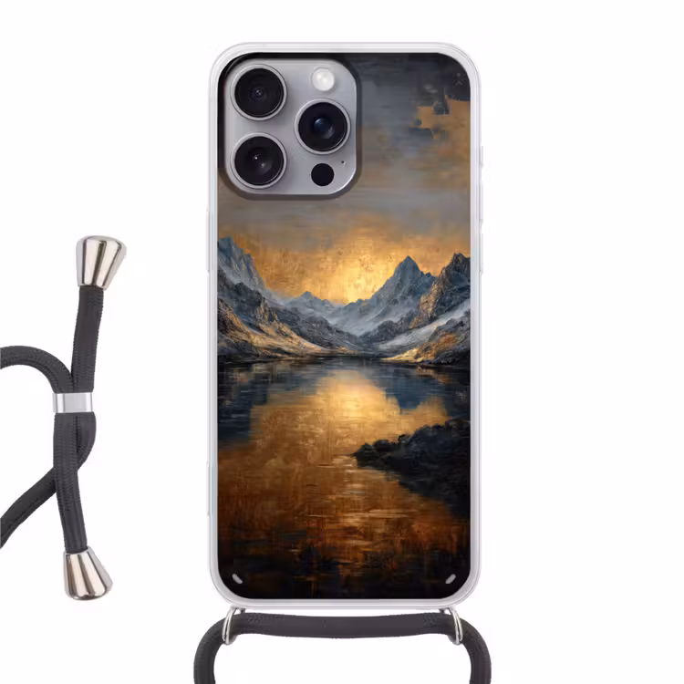 Berglandschap met Gouden Zonsondergang Hoesje iPhone 16 Pro Max met koord klein -3d