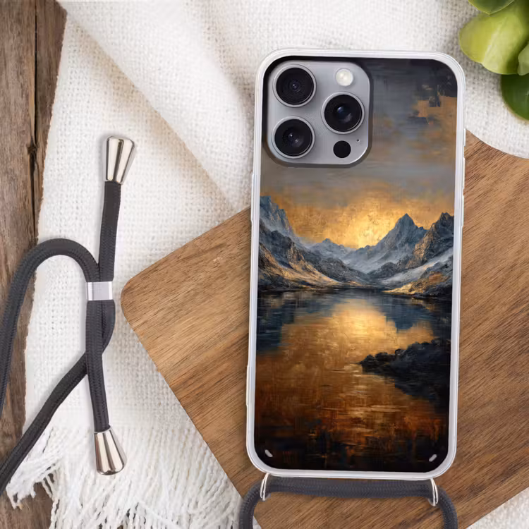 Berglandschap met Gouden Zonsondergang Hoesje iPhone 16 Pro Max met koord klein -sfeer4
