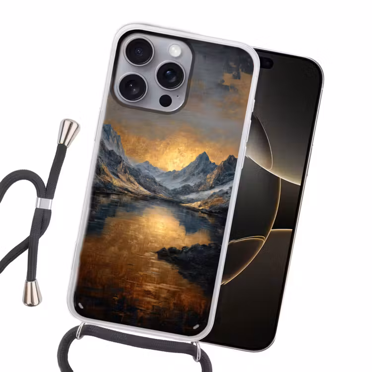 Berglandschap met Gouden Zonsondergang Hoesje iPhone 16 Pro Max met koord klein -sfeer1