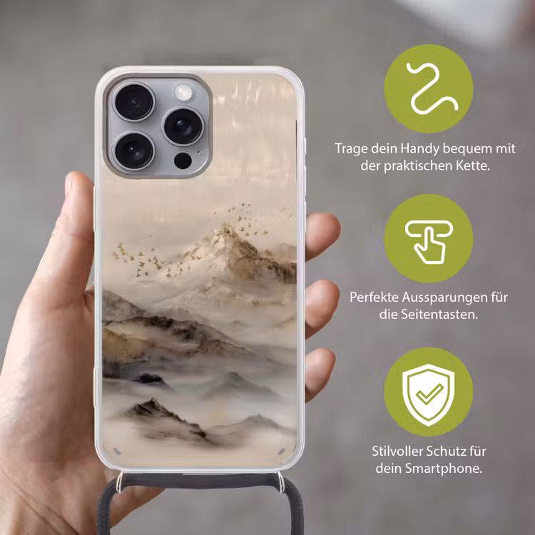 Berglandschap - Mist - Penseelstreken Hoesje iPhone 16 Pro Max met koord klein -sfeer2_DE