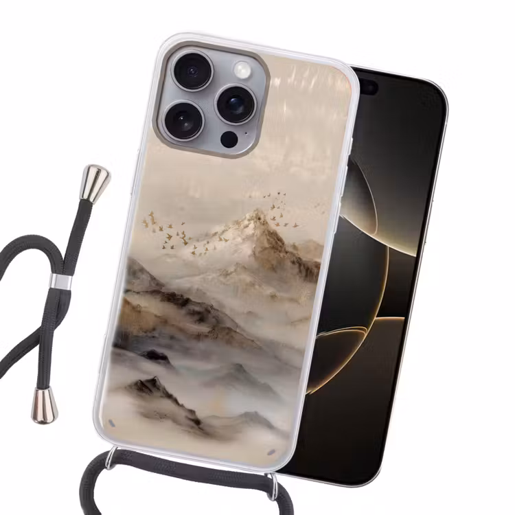 Berglandschap - Mist - Penseelstreken Hoesje iPhone 16 Pro Max met koord klein -sfeer1