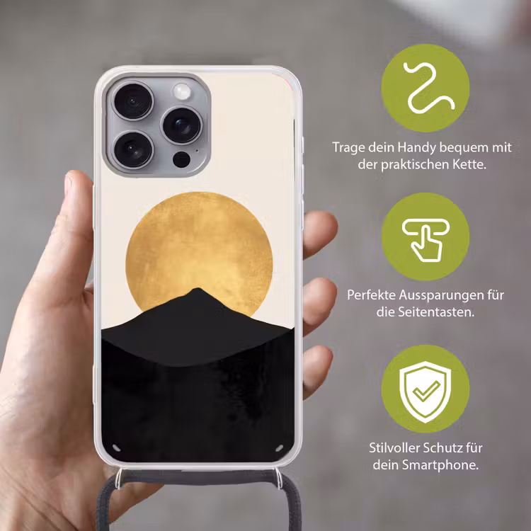 Bergsilhouetten - Gouden cirkel - Beige Hoesje iPhone 16 Pro Max met koord klein -sfeer2_DE