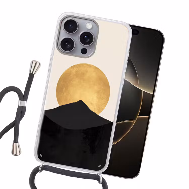 Bergsilhouetten - Gouden cirkel - Beige Hoesje iPhone 16 Pro Max met koord klein -sfeer1