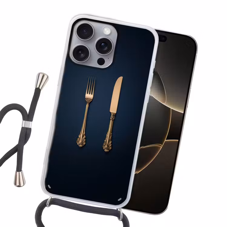 Bestek - Donkerblauw - Goud Hoesje iPhone 16 Pro Max met koord klein -sfeer1