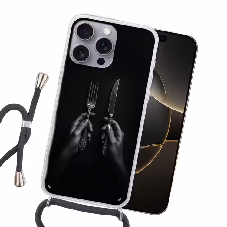Bestek - Zwart - Wit Hoesje iPhone 16 Pro Max met koord klein -sfeer1
