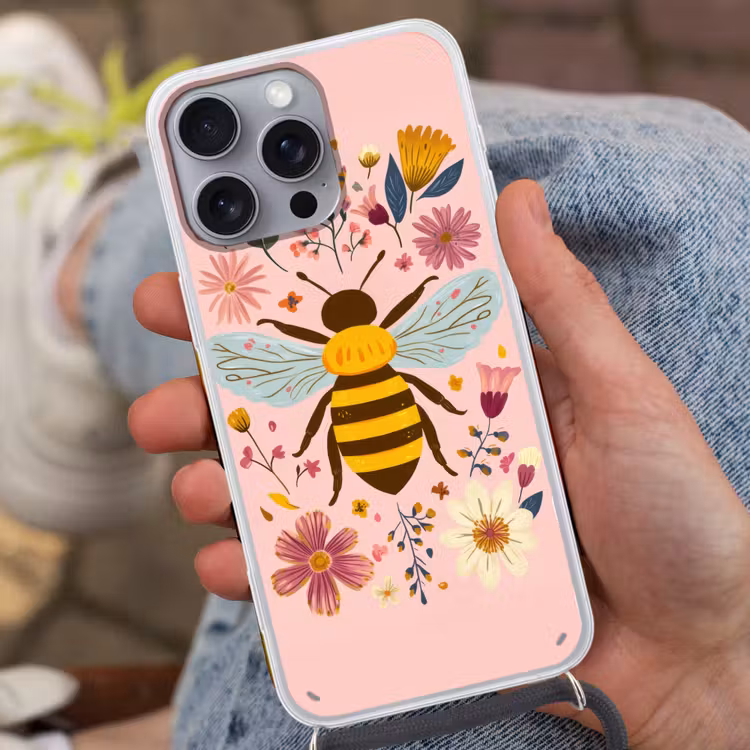 Bij - Geel - Bloemen - Kleurrijk Hoesje iPhone 16 Pro Max met koord klein -sfeer3