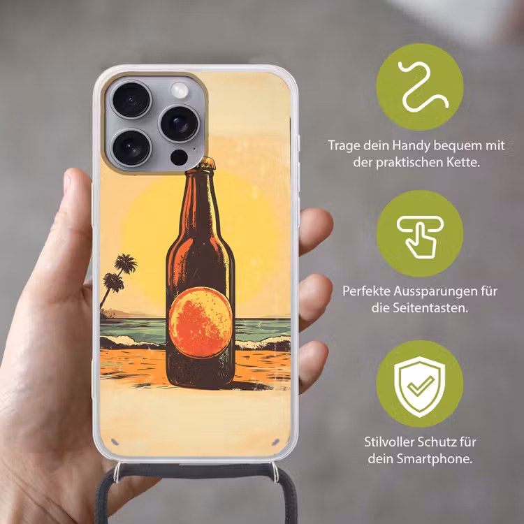 Bierfles - Zonsondergang - Palmbomen - Zee Hoesje iPhone 16 Pro Max met koord klein -sfeer2_DE