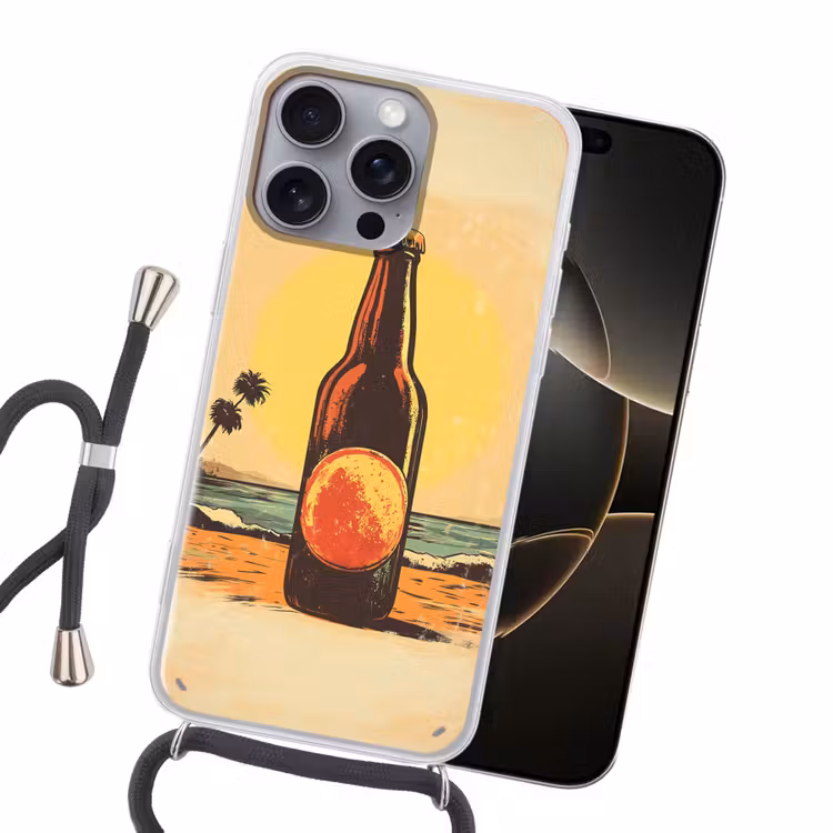 Bierfles - Zonsondergang - Palmbomen - Zee Hoesje iPhone 16 Pro Max met koord klein -sfeer1