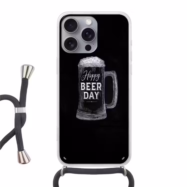 Bierpul - Witte krijtletters - Happy beer day Hoesje iPhone 16 Pro Max met koord klein -3d