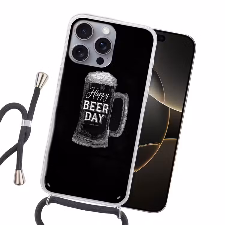 Bierpul - Witte krijtletters - Happy beer day Hoesje iPhone 16 Pro Max met koord klein -sfeer1