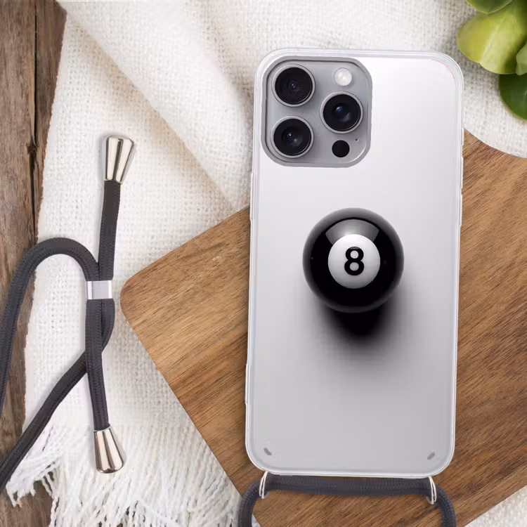 Biljartbal - Getal - Acht - Wit Hoesje iPhone 16 Pro Max met koord klein -sfeer4