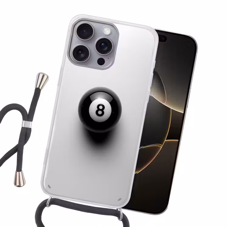 Biljartbal - Getal - Acht - Wit Hoesje iPhone 16 Pro Max met koord klein -sfeer1