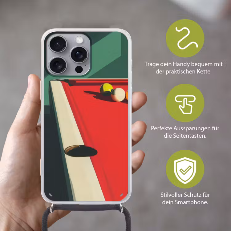 Biljarttafel - Ballen - Rood - Schaduw Hoesje iPhone 16 Pro Max met koord klein -sfeer2_DE