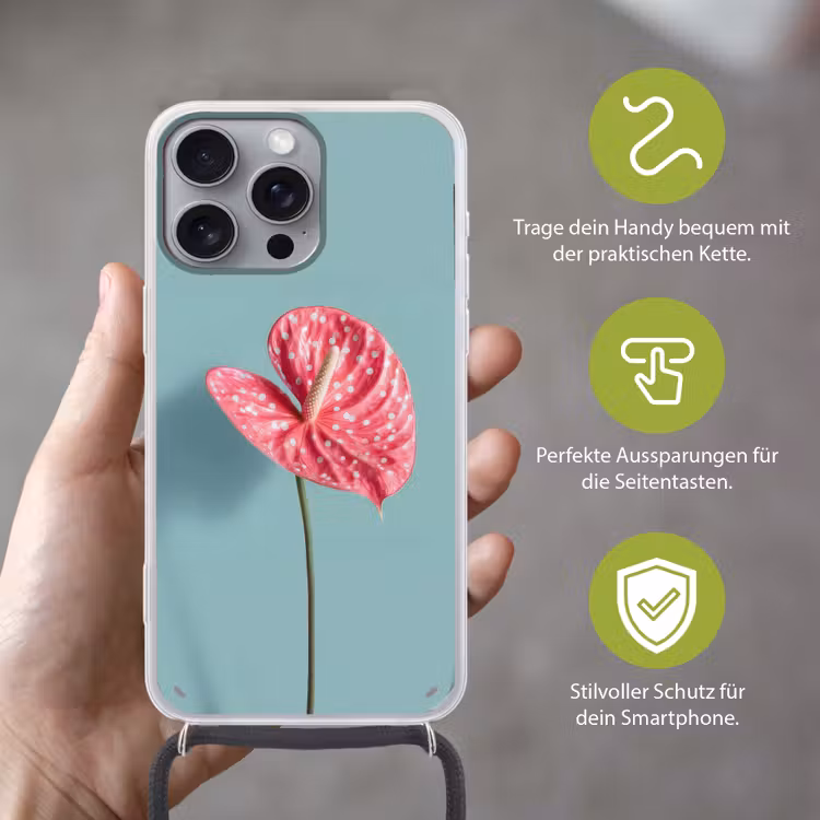 Blad - Anthurium - Stippen - Roze Hoesje iPhone 16 Pro Max met koord klein -sfeer2_DE
