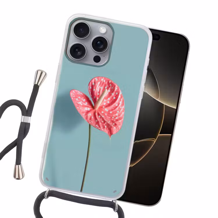 Blad - Anthurium - Stippen - Roze Hoesje iPhone 16 Pro Max met koord klein -sfeer1