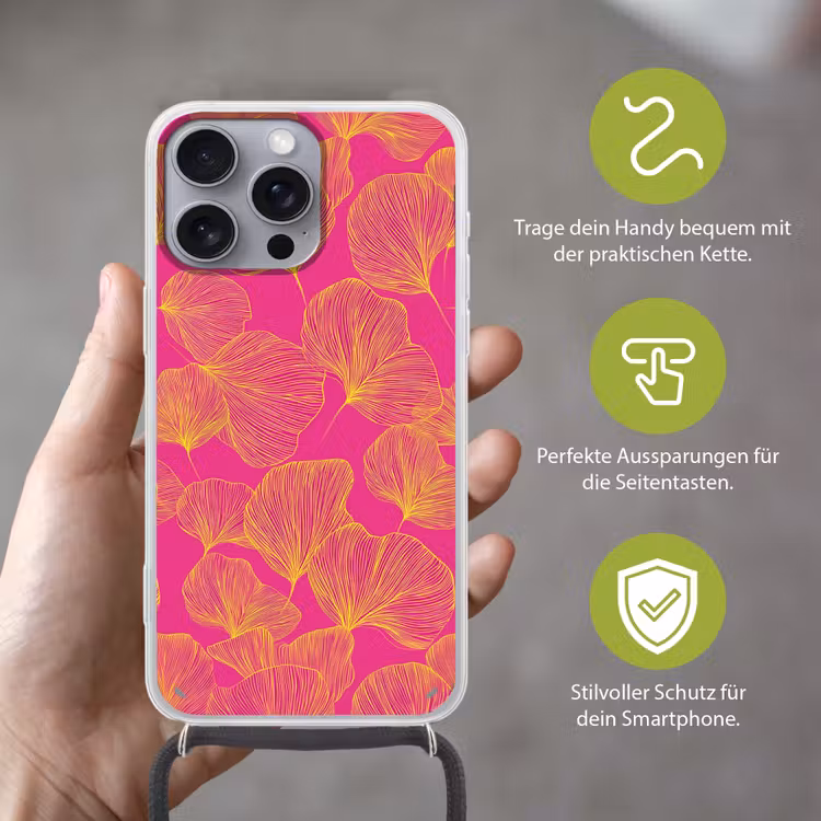Bladeren - Nerven - Grafisch - Roze Hoesje iPhone 16 Pro Max met koord klein -sfeer2_DE