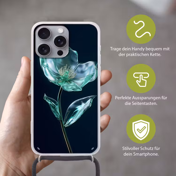 Bladeren - Bloem - Glazen - Donkerblauw Hoesje iPhone 16 Pro Max met koord klein -sfeer2_DE