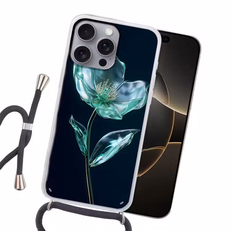 Bladeren - Bloem - Glazen - Donkerblauw Hoesje iPhone 16 Pro Max met koord klein -sfeer1