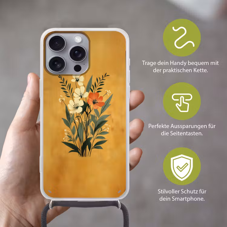 Bladeren - Boeket - Bloemen - Geel Hoesje iPhone 16 Pro Max met koord klein -sfeer2_DE