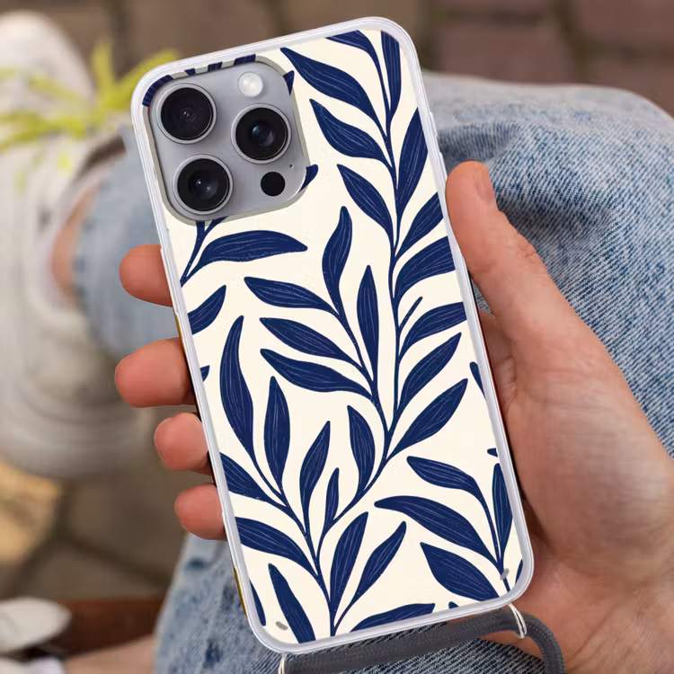 Bladeren - Klimop - Donkerblauw Hoesje iPhone 16 Pro Max met koord klein -sfeer3