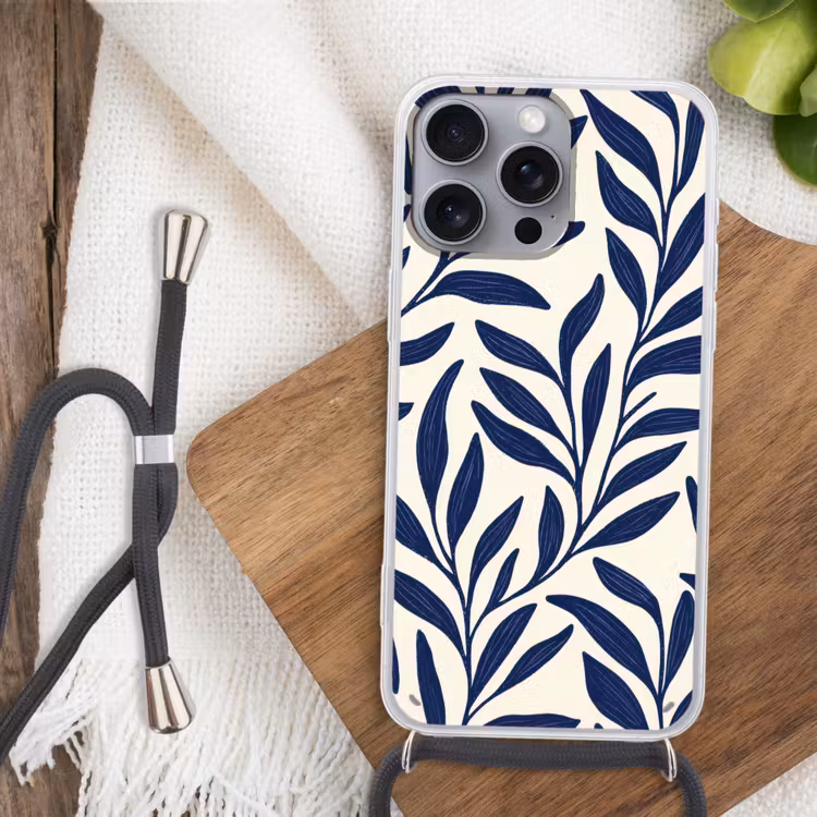 Bladeren - Klimop - Donkerblauw Hoesje iPhone 16 Pro Max met koord klein -sfeer4