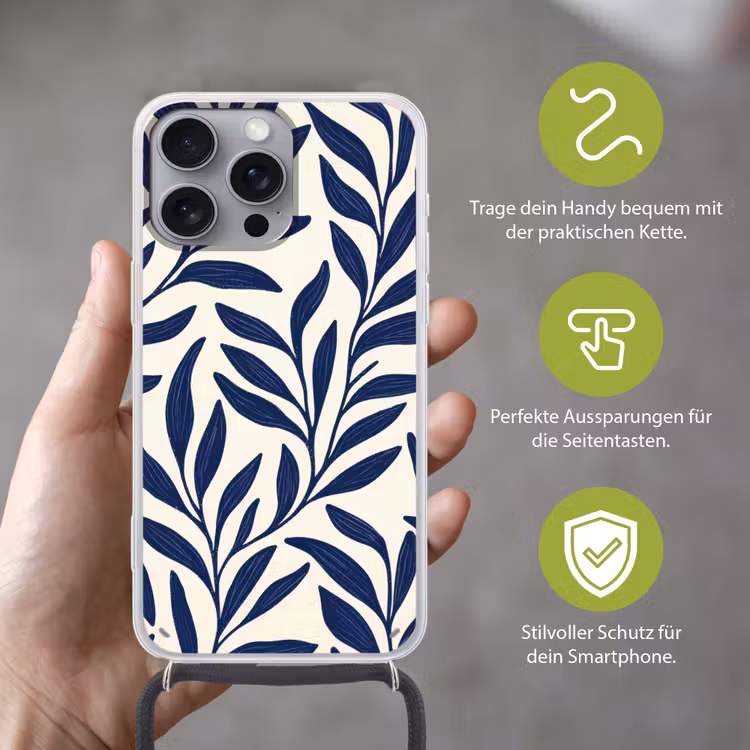 Bladeren - Klimop - Donkerblauw Hoesje iPhone 16 Pro Max met koord klein -sfeer2_DE