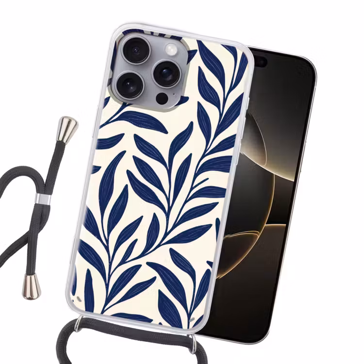 Bladeren - Klimop - Donkerblauw Hoesje iPhone 16 Pro Max met koord klein -sfeer1