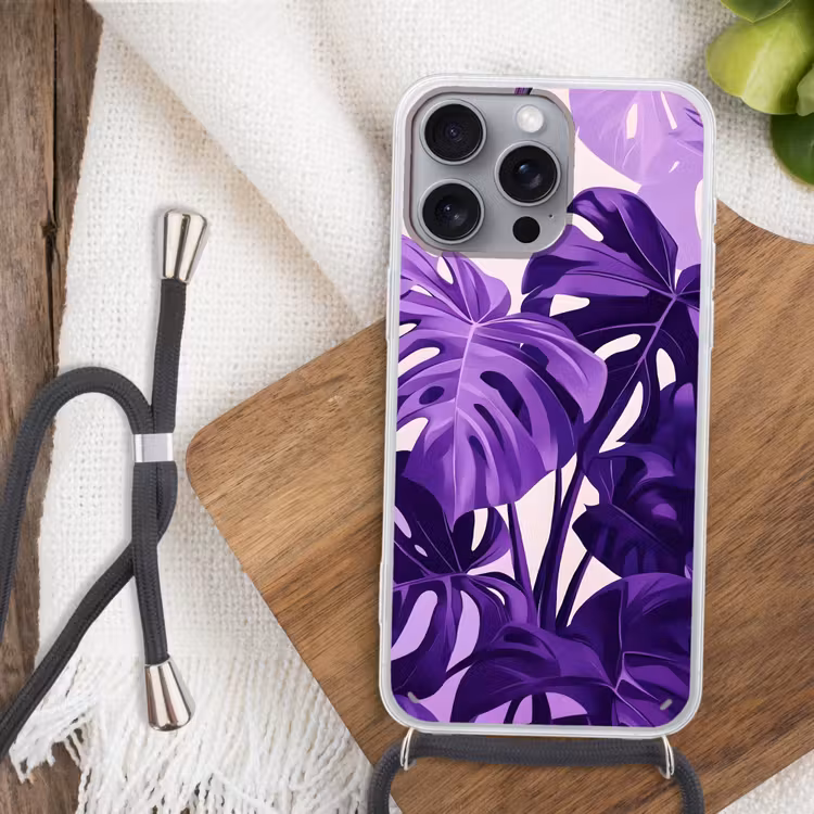 Bladeren - Paars - Tropisch - Abstract Hoesje iPhone 16 Pro Max met koord klein -sfeer4