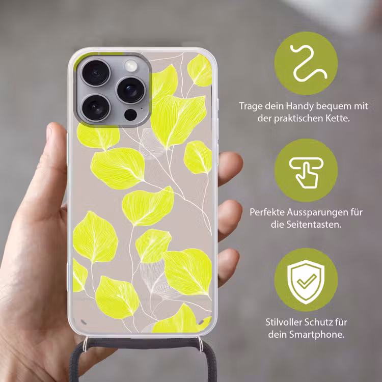 Bladeren - Neon - Geel - Lijnen Hoesje iPhone 16 Pro Max met koord klein -sfeer2_DE