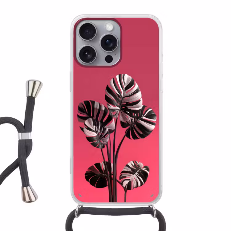 Bladeren - Rond - Roze Hoesje iPhone 16 Pro Max met koord klein -3d