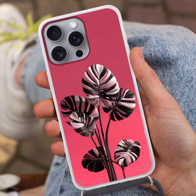 Bladeren - Rond - Roze Hoesje iPhone 16 Pro Max met koord klein -sfeer3
